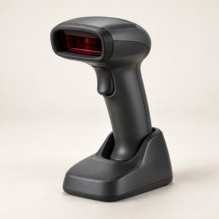 Generic handheld barcode scanner on a stand — concept image