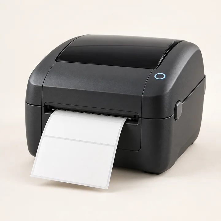 Generic desktop label printer with blank labels — concept image