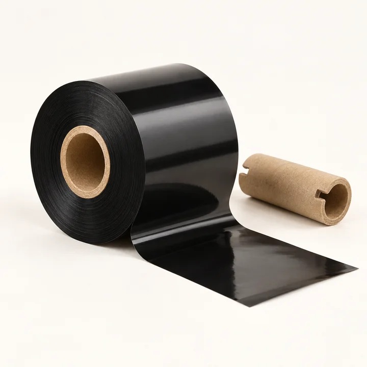 Black thermal-transfer ribbon roll and take-up core — concept image
