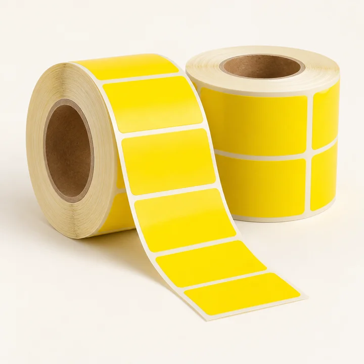 Blank yellow identification label rolls — concept image